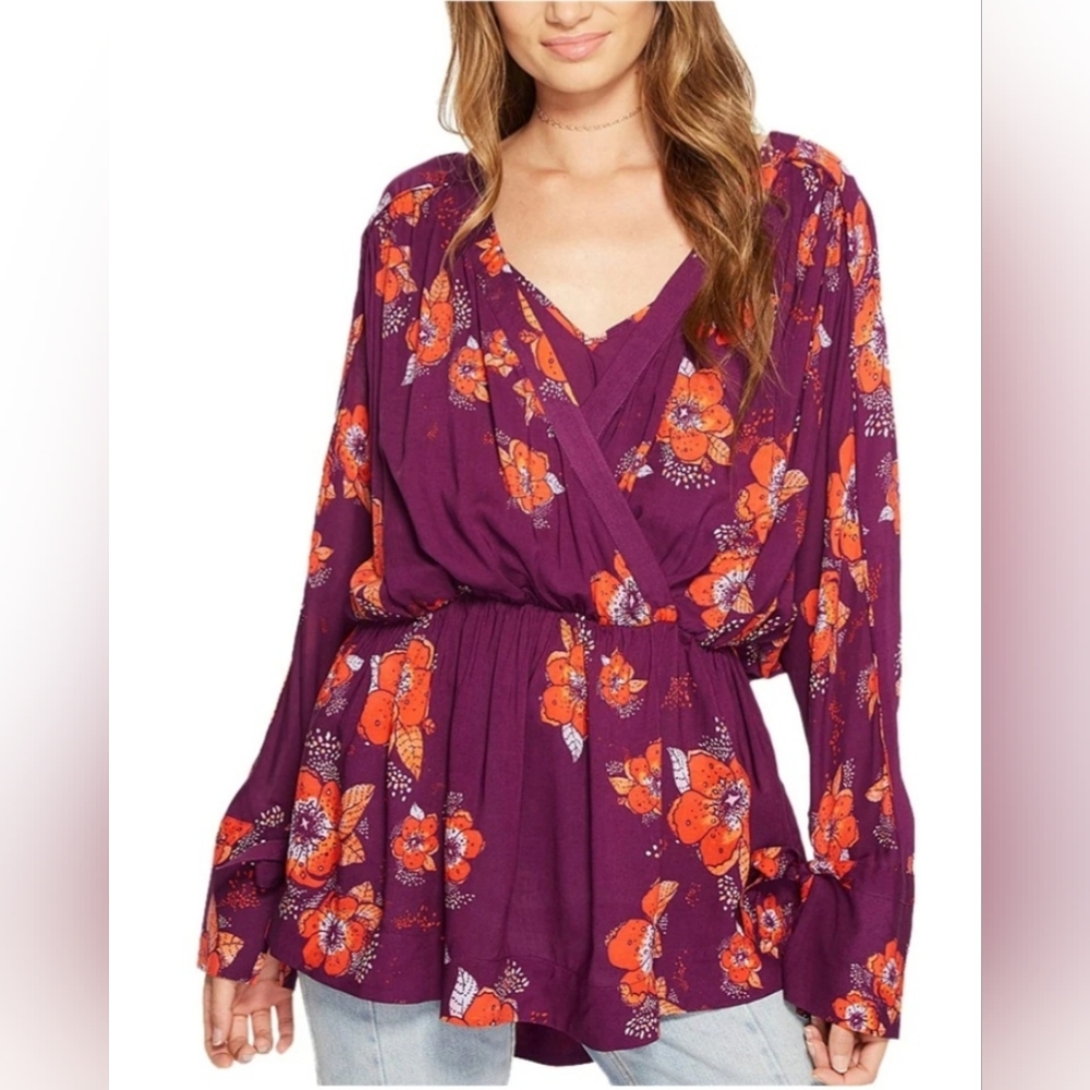 Free People Tuscan Dream Floral Plum Tunic Blouse Size M Callout In Description